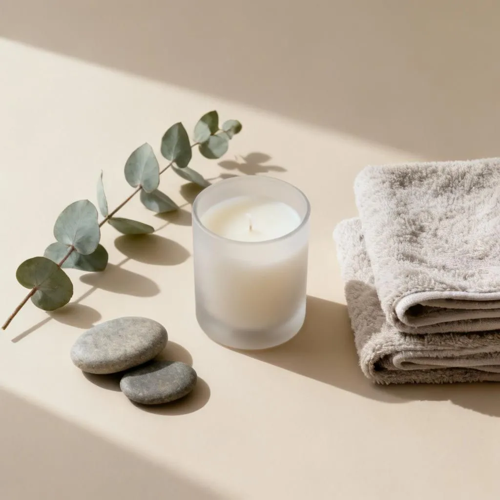 A lit candle, smooth stones and eucalyptus beside a folded towel