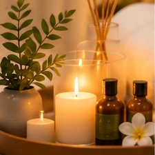 Candles, essential oils and a fern on a wooden tray