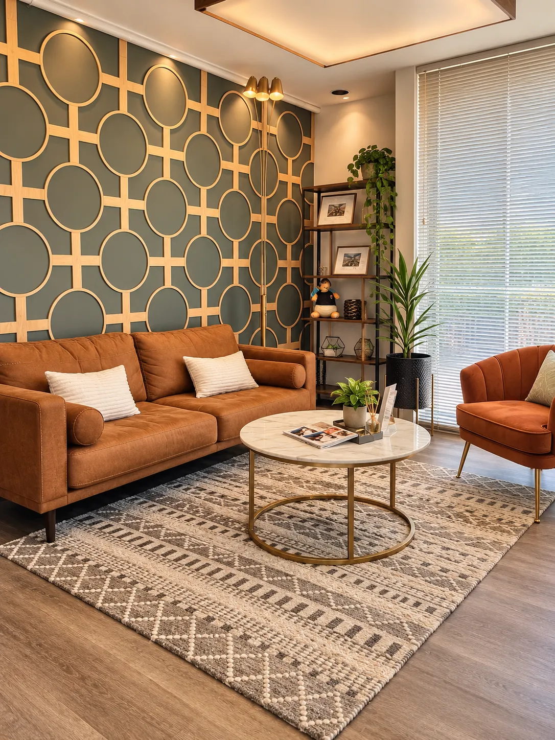 The studio lounge: a cognac sofa, sage and gold wall panels, and soft light from the window