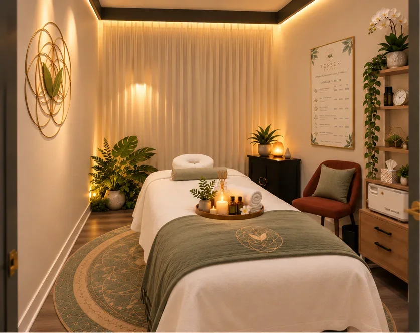 The treatment room seen from the doorway, softly lit by warm cove lighting