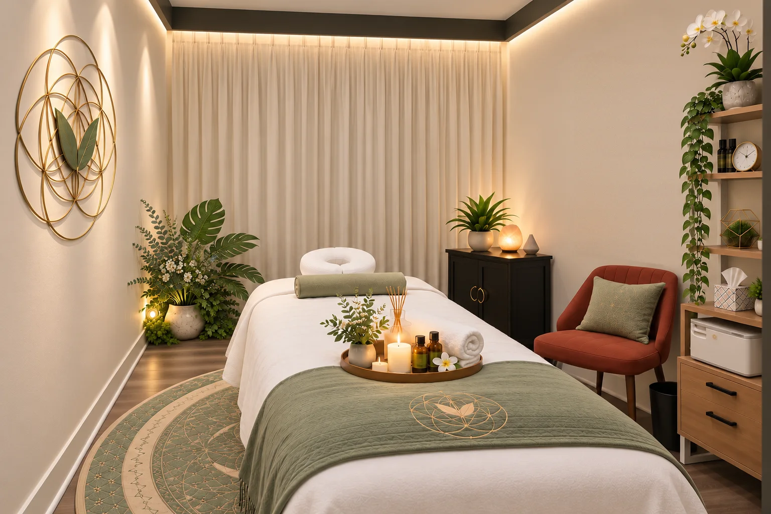 The treatment room: a dressed massage table, sage throw, candles and the Tesser emblem on the wall